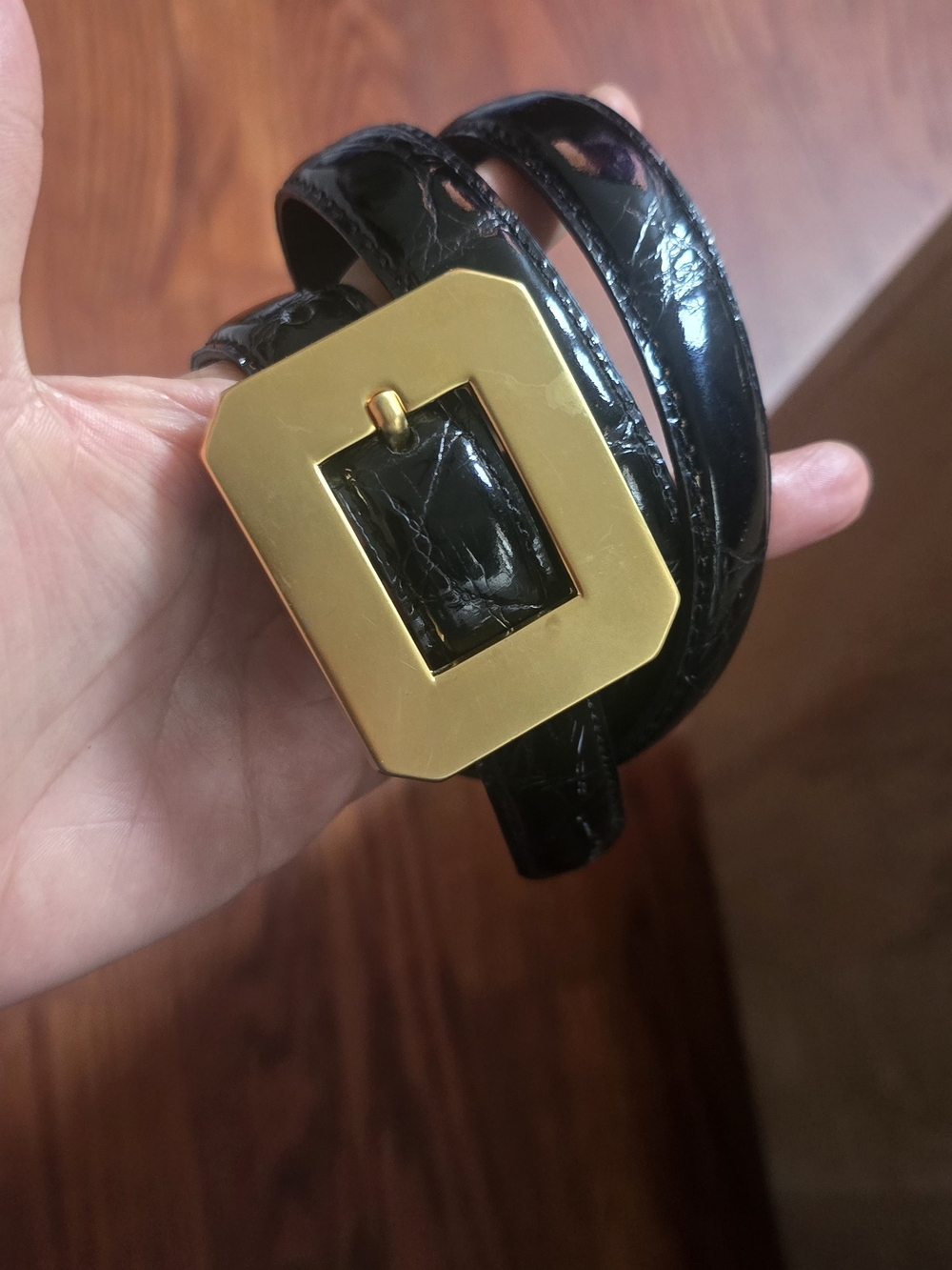 Vintage Black Croc Embossed Patent Leather Belt Gold Buckle French Mod Depose S